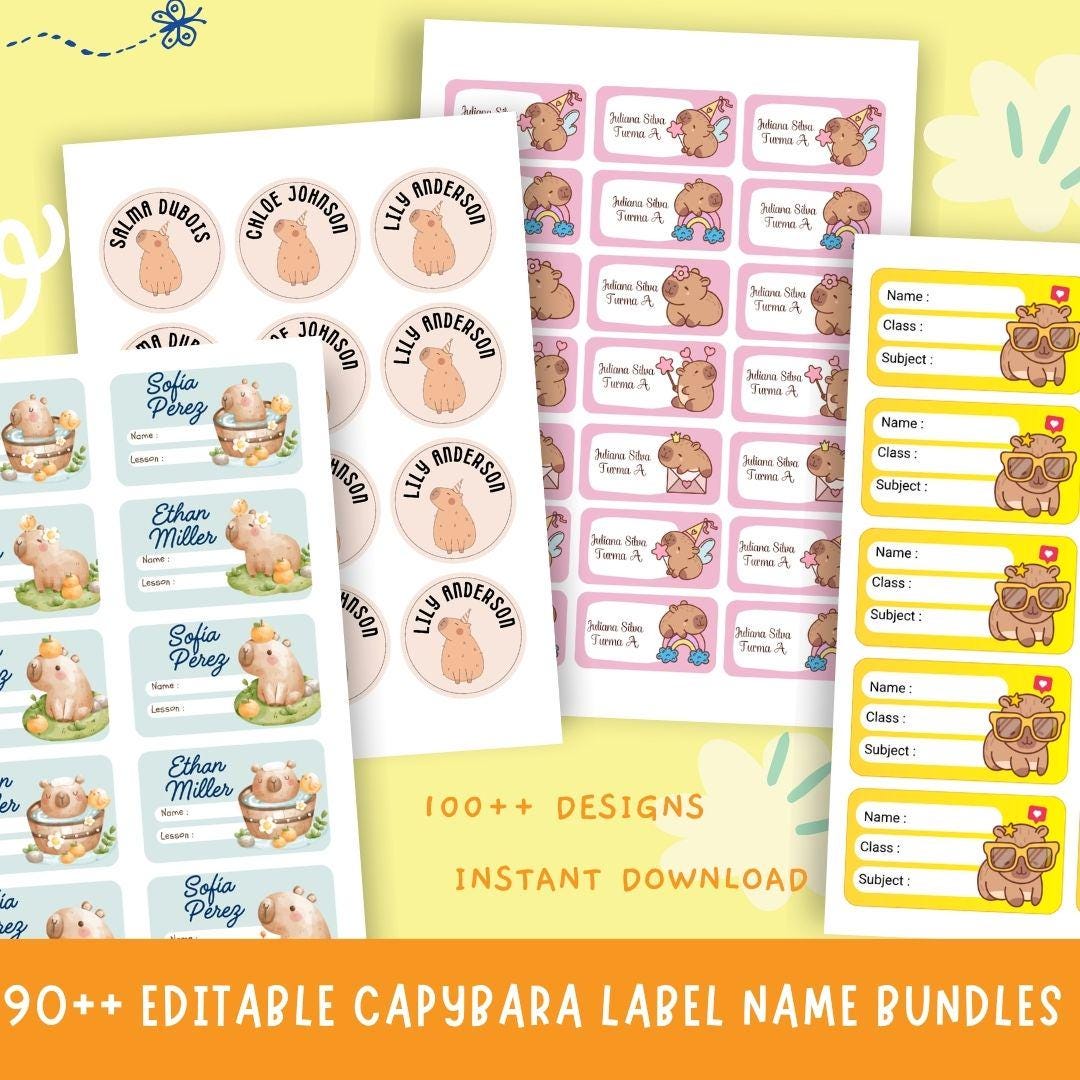 Capybara Notebook Label Editable 90+ Little Capybara Name Labels Editable | Digital Sticker Sheet Kawaii ...