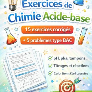Peut inclure: Une affiche éducative colorée pour la chimie. Elle présente une ampoule avec un cerveau, des béchers et le texte "Exercices de Chimie Acide-base". Comprend "15 exercices corrigés" et "+ 5 problèmes type BAC".  Avec "Objectif 20/20!"