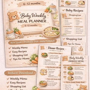 Pianificatore di pasti per neonati 6-12 mesi | Menù e ricette settimanali | Guida BLW | Tabella degli alimenti per neonati | PDF stampabile | Programma delle poppate