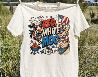 Camiseta roja, blanca y con vaca, patriótica del 4 de julio, Día de la Independencia, camiseta con la bandera del oeste de EE. UU., top con animales de granja campestres, fiesta de barbacoa.