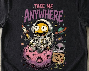 Camiseta gráfica Take Me Anywhere, camiseta con cara sonriente de astronauta espacial, camiseta vintage de planeta alienígena, camiseta celestial retro estética Comfort Colors