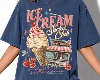 Ice Cream Social Club Shirt, Comfort Colors Vintage Soft Serve Tee, Retro Cherry Graphic Top, Summer Foodie Gift