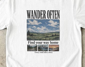 Camiseta "Wander Often", Camiseta "Find Your Way Home", Top gráfico de aventura en colores cómodos, Regalo para amantes de la naturaleza, Ropa de viaje con paisajes, Senderismo en la montaña