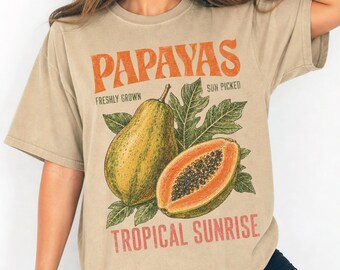 Camiseta de verano con estampado de papayas tropicales, ropa con estampado de frutas vintage, camisa retro de vacaciones mediterráneas.