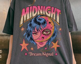 Comfort Colors Midnight Anime T-Shirt, Dream Signal Graphic, Moon Girl Face, Vintage Celestial Star Top, Manga Lover Gift