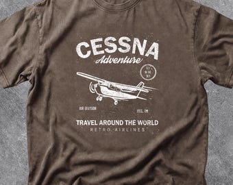 Vintage Cessna Adventure T-Shirt, Retro Aviation Graphic Tee, Classic Pilot Shirt, Travel Around The World Airline Design, Gift for Aviator