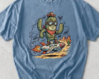 Camiseta Comfort Colors Rocket Cactus, camiseta divertida de forajido del oeste, camiseta retro con estampado de cactus vaquero, camiseta vintage de aventura espacial en el desierto