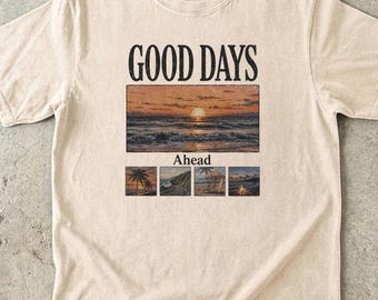 Camiseta "Buenos días por delante", Camiseta "Energía Costera", Top con estampado de atardecer, Regalo para amantes del océano, Ropa para vacaciones de verano, Conjunto playero retro, Ambiente positivo