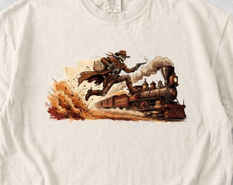 Camiseta de esqueleto vaquero del atraco al tren, camiseta vintage del oeste con esqueleto, camiseta retro de motero forajido, regalo retro de vaquero, ropa estética de esqueleto