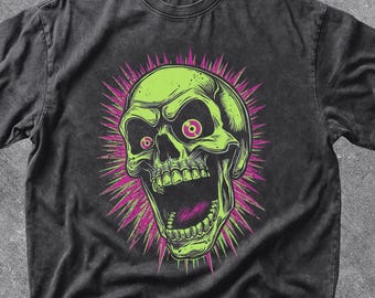 Crazy Skull Shirt, Green Monster Skull, Acid Halloween Tee, Retro Cyberpunk Graphic T-Shirt, 90s Grunge Aesthetic Top, Goth Punk Gift
