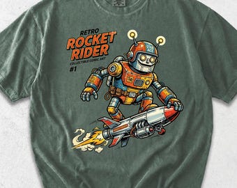 Camiseta Retro Rocket Rider, Camiseta Comfort Colors Vintage Robot, Camiseta con Gráfico de Aventura Espacial, Arte de Cómic de Ciencia Ficción, Estética de Juguete de los Años 50