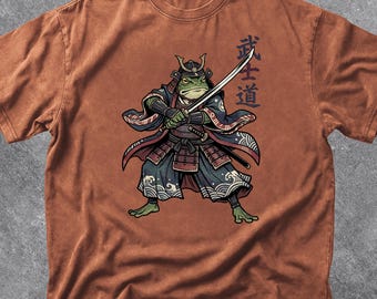 Camiseta de rana samurái, camiseta de guerrero sapo japonés con katana, camiseta con estética Bushido vintage, arte de rana estilo Ukiyo-e, camiseta gráfica retro de samurái