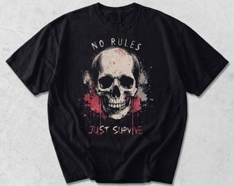 Camiseta Comfort Colors® Skull "Sin reglas, solo sobrevive", camiseta gráfica grunge vintage, camiseta de estética oscura, camiseta de estilo motero urbano, camiseta con calavera atrevida