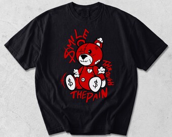 Camiseta Smile Through The Pain, camiseta gráfica de oso rojo, camiseta urbana de oso de peluche, top de dibujos animados de estilo vintage, regalo de camiseta Comfort Colors