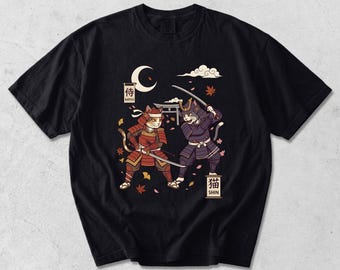 Camiseta de gato samurái, camiseta de guerrero felino japonés, camiseta retro de gatos luchando con katana, arte estilo ukiyo-e vintage de Comfort Colors, regalo para amantes de los gatos