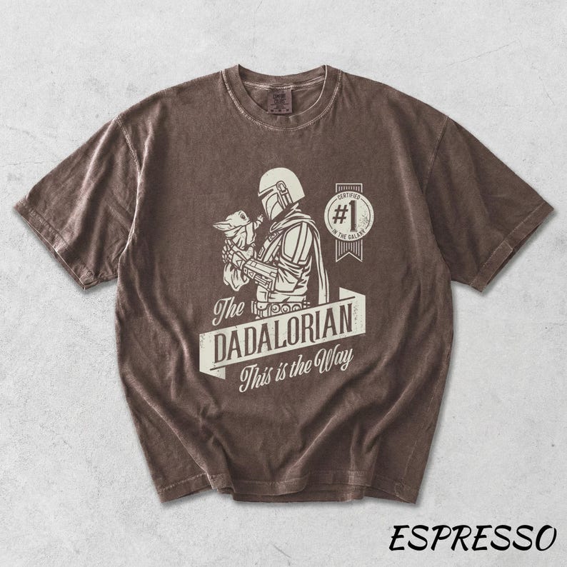 Pu&ograve; includere: T-shirt color espresso con grafica di The Mandalorian con Grogu, con la scritta "The DADALORIAN This is the Way". Il design include un badge "Certified #1 in the Galaxy". La maglietta ha un aspetto vintage.