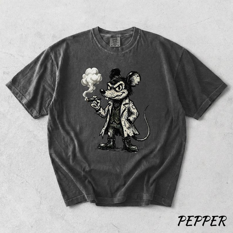 Vintage Mickey Mouse T-Shirt, Dark Cartoon Character, Retro Goth Mouse Smoking Cigar, Edgy Streetwear Graphic, Old School Horror Comic Art image 6