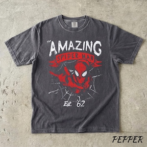 Puede incluir: Camiseta gris oscuro con un dise&ntilde;o desgastado de Spider-Man. El dise&ntilde;o incluye el texto "THE AMAZING SPIDER-MAN" y "Est. '62", con una figura roja de Spider-Man y detalles de telara&ntilde;a blanca.
