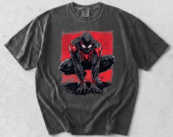 Camiseta negra de Spider-Man de Comfort Colors, camiseta gráfica estilo cómic vintage, camiseta roja de estilo streetwear, regalo para fans de superhéroes