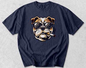 Camiseta de bulldog con gafas de sol, camiseta divertida con estampado de perro, camiseta de perro rudo, camiseta de estilo urbano con animales, regalo para amantes de los bulldogs.
