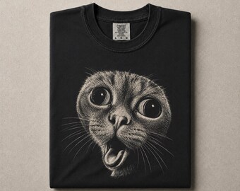 Funny Cat T-Shirt, Meme Face Graphic, Wide Eyed Kitty, Pet Lover Gift, Vintage Distressed Animal Top