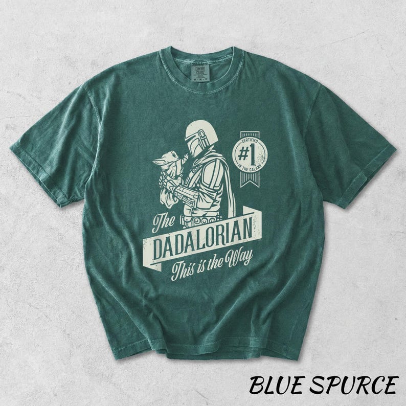 Pu&ograve; includere: Una maglietta verde-blu con una grafica di un personaggio che tiene una piccola creatura, con la scritta "The DADALORIAN This is the Way". La maglietta ha anche un distintivo "#1 in the Galaxy". Le parole "BLUE SPURCE" sono in basso.