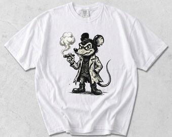 Camiseta vintage de Mickey Mouse, personaje de dibujos animados oscuro, ratón gótico retro fumando un cigarro, gráfico urbano vanguardista, arte de cómic de terror de la vieja escuela