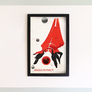 May include: A red and black minimalist poster with the text "MASS EFFECT" at the bottom. The poster features a silhouette of a spaceship with a red glow, surrounded by a white background with black lines.