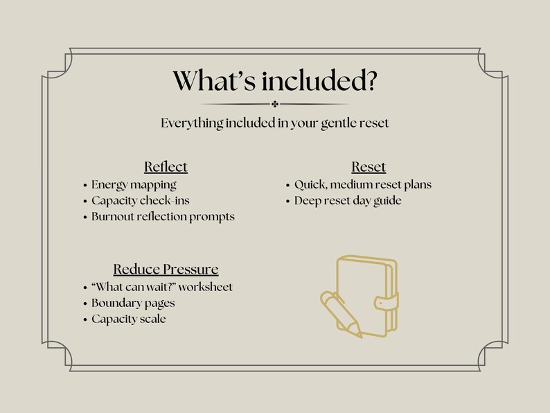 May include: A beige graphic with the text "What's included?" and a list of items for a gentle reset, including energy mapping, reset plans, and worksheets. A line drawing of a notebook and pen is also included.