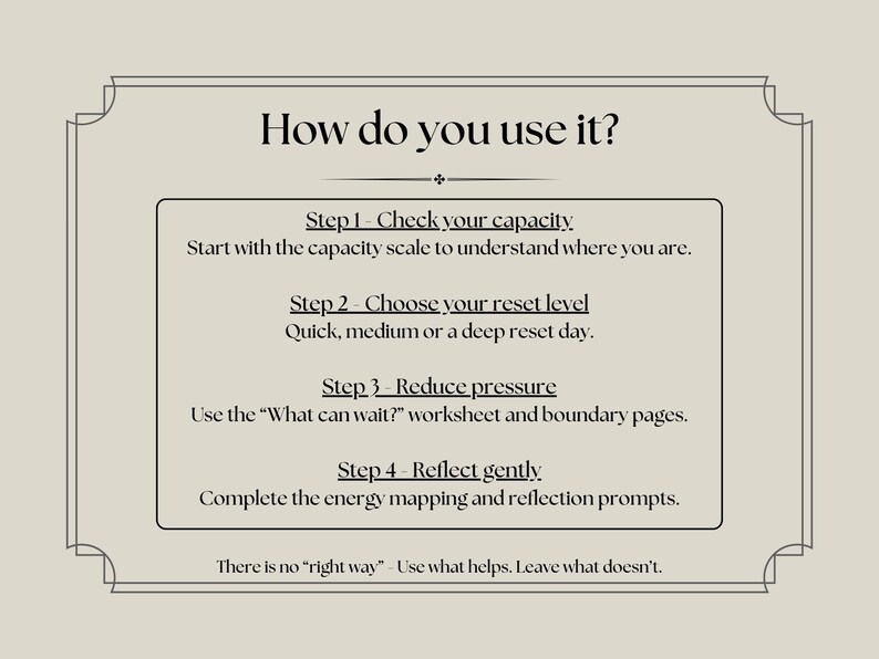 May include: A beige graphic with the title "How do you use it?" and four steps to follow. The steps include checking capacity, choosing a reset level, reducing pressure, and reflecting gently. The text is in black.