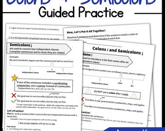 Colon and Semicolon Worksheets | Scaffolded Punctuation Practice | Grammar Worksheets with Answer Keys