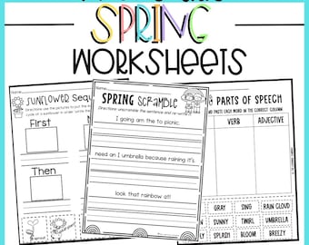 First Grade Worksheets for Reading Literacy, Grammar and Writing | Spring Themed Printables