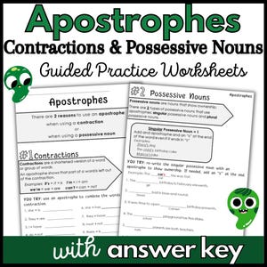Puede incluir: Hoja de trabajo educativa titulada "Apostrophes Contractions & Possessive Nouns" con el texto "Guided Practice Worksheets". La hoja de trabajo incluye ejemplos y ejercicios sobre contracciones y sustantivos posesivos, con una clave de respuestas.