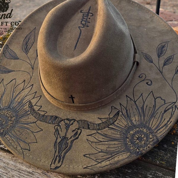 Hand Burned Western Wide Brim – Sunflower & Bull Skull Design – One of a Kind Custom Felt Cowboy Hat