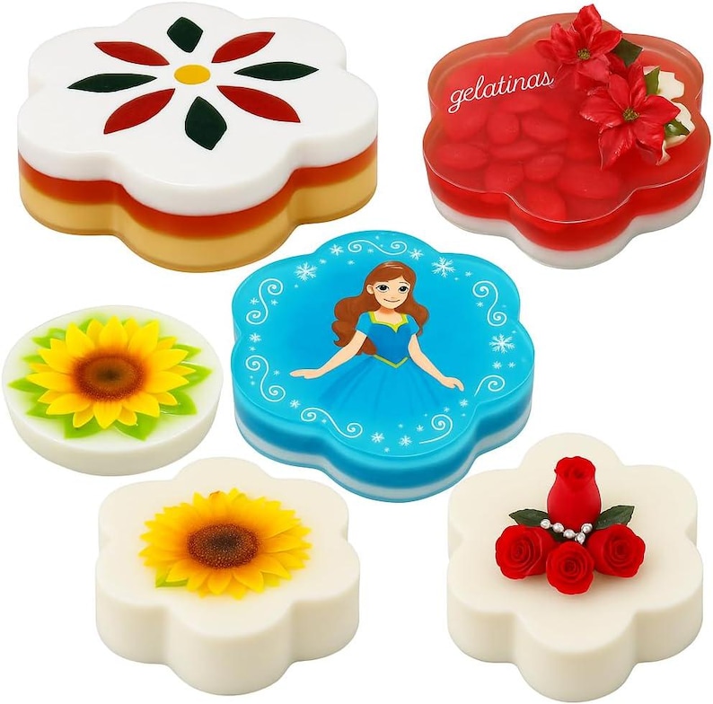 May include: A selection of flower-shaped desserts with diverse designs. These include a sunflower, a princess illustration, and floral decorations. One dessert is labelled with the word "gelatinas".