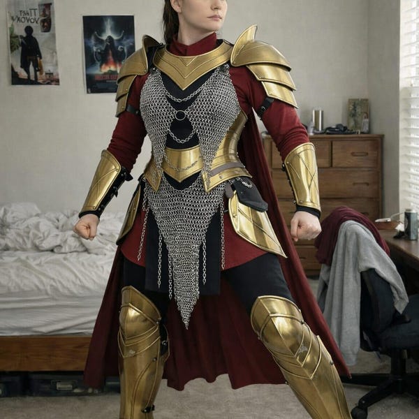 Golden Valkyrie Warrior Armor, Full Gold Plate Set with Chainmail Drape & Heroic Design
