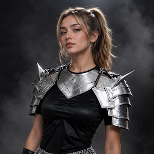 May include: A woman in a black dress and silver armour. The armour includes shoulder pauldrons and a chest plate. A silver chain belt and black gloves complete the look. The background is a dark grey.