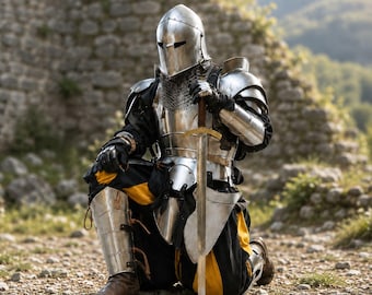 Barbute Knight Steel Plate Full Body Armor Suit with Chainmail for LARP, Medieval, Reenactment and Display
