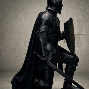 May include: A person kneels, clad in black armour, including a helmet, breastplate, and leg guards. A black cape flows from the shoulders. The figure holds a shield and a long sword. The shield features a gold emblem.