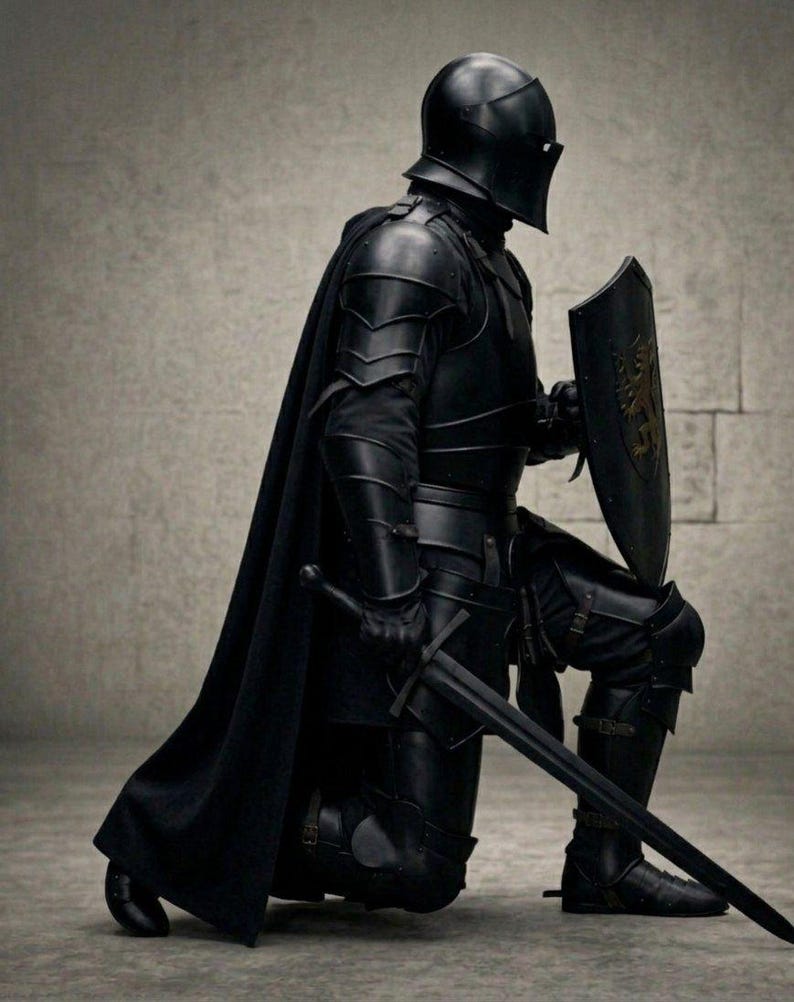 May include: A person kneels, clad in black armour, including a helmet, breastplate, and leg guards. A black cape flows from the shoulders. The figure holds a shield and a long sword. The shield features a gold emblem.