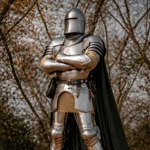 Könnte beinhalten: Eine vollständige mittelalterliche Rüstung, einschließlich Helm, Brustplatte und Beinschutz. Die silberfarbene Rüstung ist mit Kettenhemden und einem schwarzen Umhang versehen. Die Person steht mit verschränkten Armen vor einem verschwommenen Hintergrund aus Bäumen.