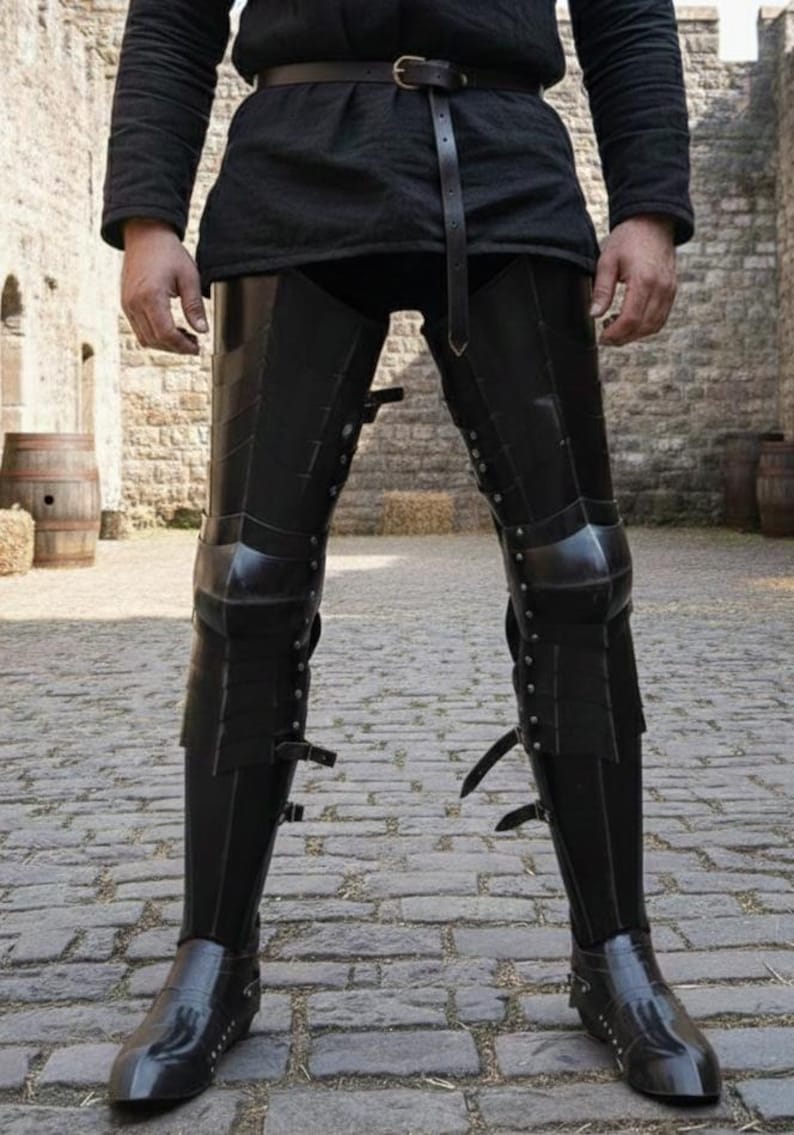 German Gothic Knight Leg Medieval Full Black Steel Armor for LARP & Cosplay Birthday Gift For Him