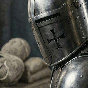 Puede incluir: Primer plano de un casco y una armadura de caballero medieval. El casco plateado presenta un emblema de cruz y forma parte de una armadura completa. La imagen evoca temas de historia, guerra y caballer&iacute;a.