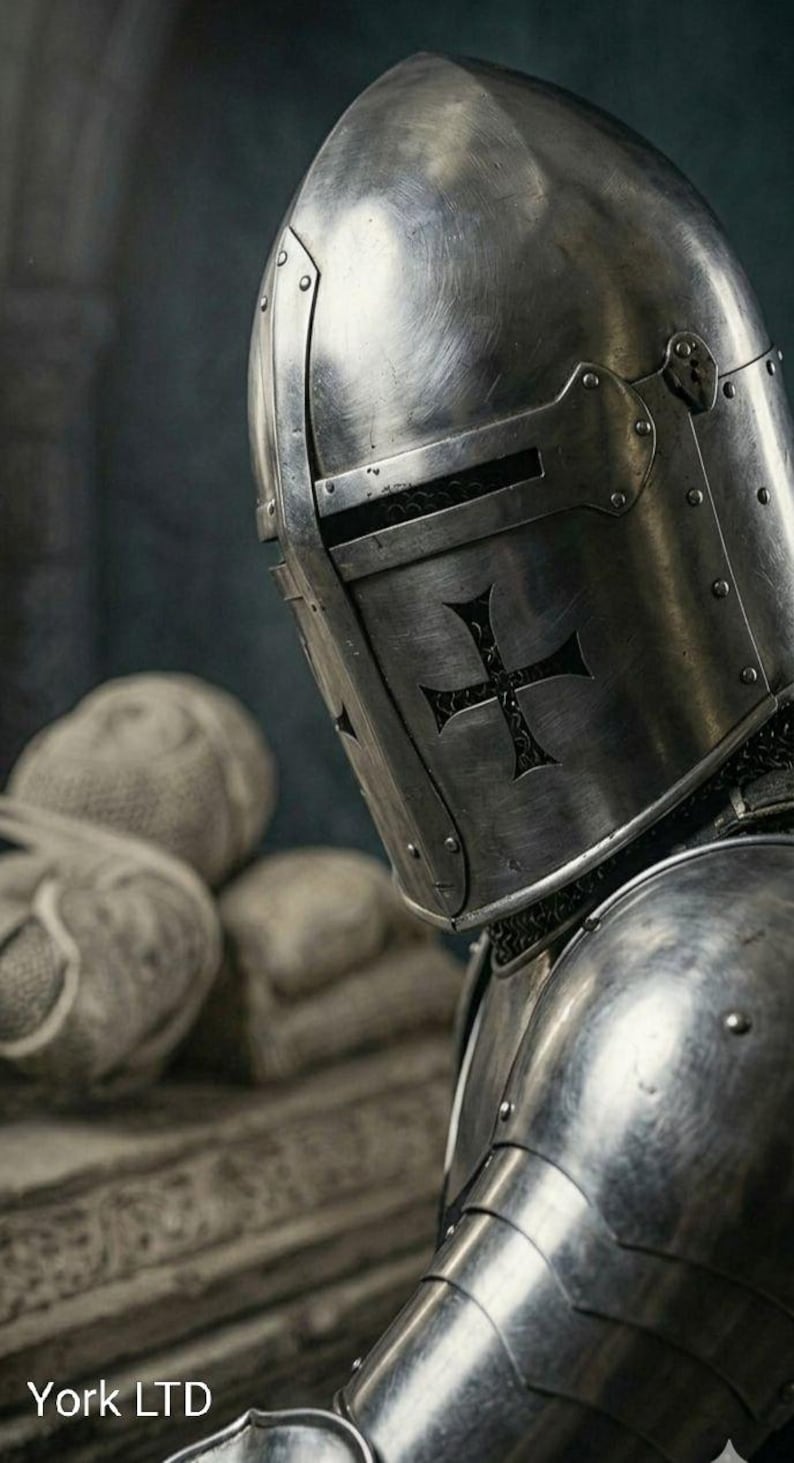 Puede incluir: Primer plano de un casco y una armadura de caballero medieval. El casco plateado presenta un emblema de cruz y forma parte de una armadura completa. La imagen evoca temas de historia, guerra y caballer&iacute;a.