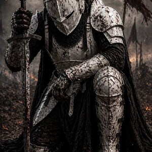 May include: A kneeling knight in full plate armor, holding a sword. The armor is weathered and stained, with a black cape and a helmet. The background shows a battlefield with flags.