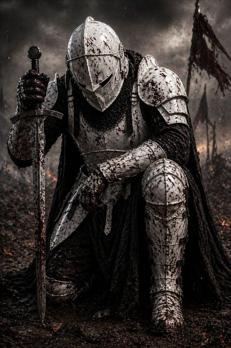 May include: A kneeling knight in full plate armor, holding a sword. The armor is weathered and stained, with a black cape and a helmet. The background shows a battlefield with flags.
