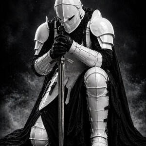 May include: A black and white image of a knight kneeling, holding a sword. The knight is clad in white armor, including a helmet, shoulder pads, and leg guards. A black cape drapes from the shoulders. The background is dark and atmospheric.