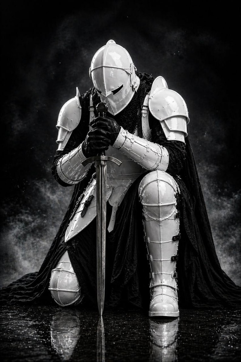 May include: A black and white image of a knight kneeling, holding a sword. The knight is clad in white armor, including a helmet, shoulder pads, and leg guards. A black cape drapes from the shoulders. The background is dark and atmospheric.