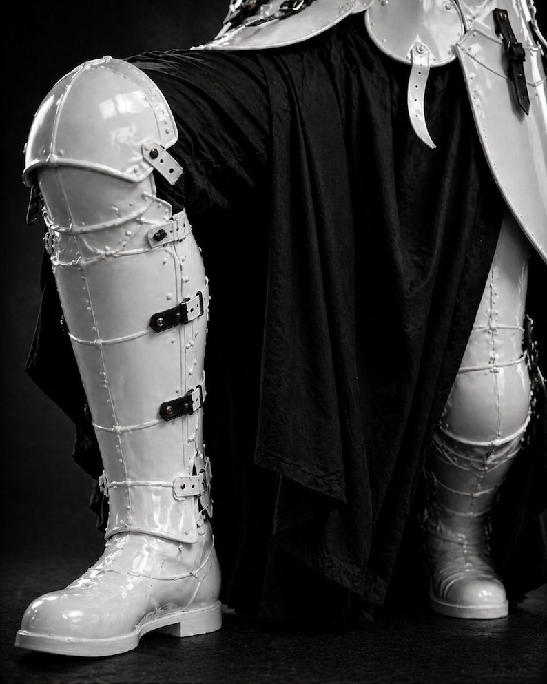 May include: Close-up of white, segmented armor plating, including leg and shoulder protection. The armor is secured with black straps and buckles. A black fabric drapes behind the armor, creating a contrast. The image is in black and white.