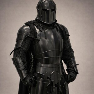 May include: A full suit of black medieval armor, including a helmet with a visor, chest plate, shoulder guards, and arm and leg protection. The armor is highly polished, reflecting the light, and includes chainmail elements.